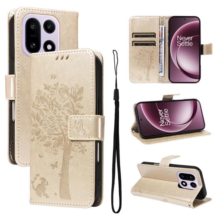 

For OnePlus 15 Tree & Cat Embossed Pattern Flip Leather Phone Case(Gold)