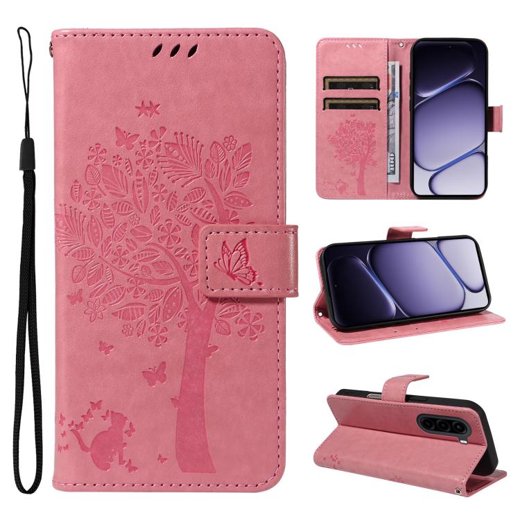 For OnePlus Nord CE6 Lite/Turbo 6X 5G Tree & Cat Embossed Pattern Flip Leather Phone Case(Pink)