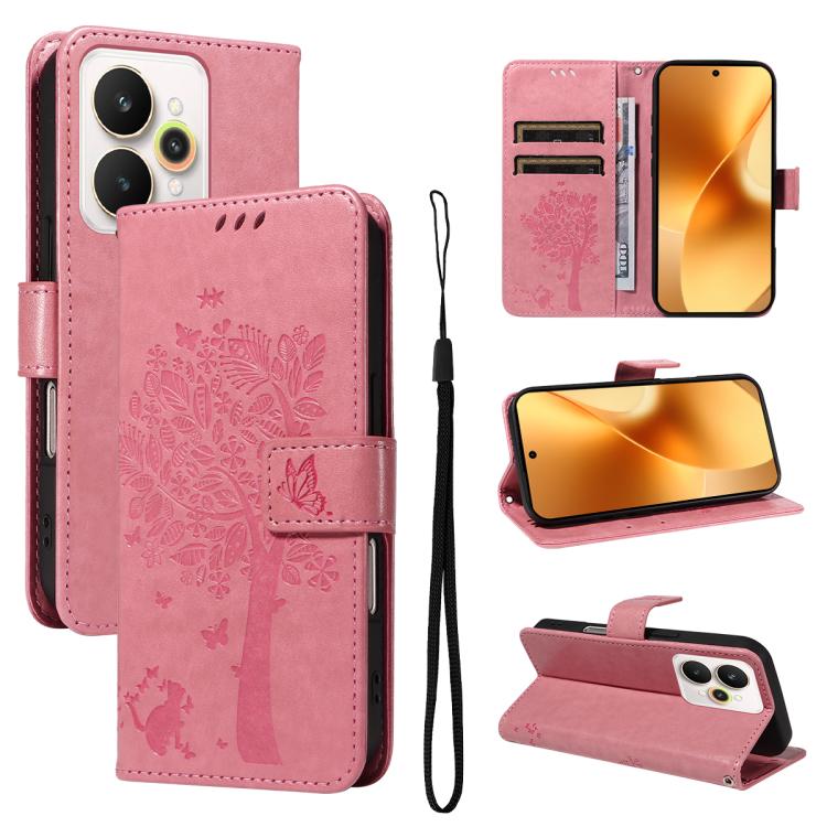 

For Realme 15 5G Tree & Cat Embossed Pattern Flip Leather Phone Case(Pink)