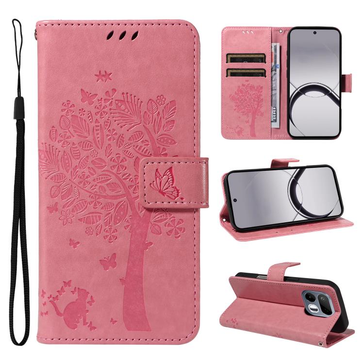 For Realme 16T 5G Tree & Cat Embossed Pattern Flip Leather Phone Case(Pink)