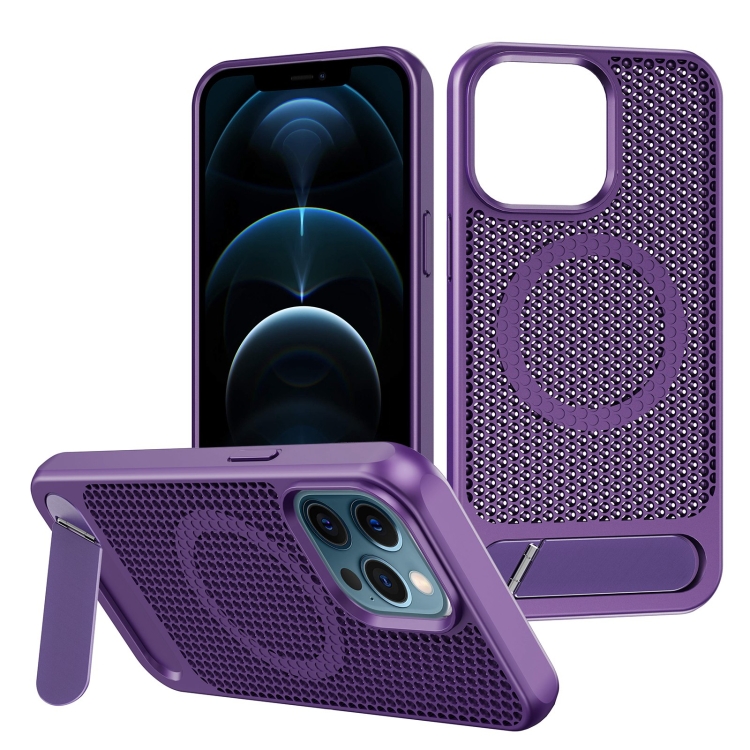 

For iPhone 12 Pro Max Honeycomb Cooling MagSafe Phone Case with Invisible Holder(Purple)