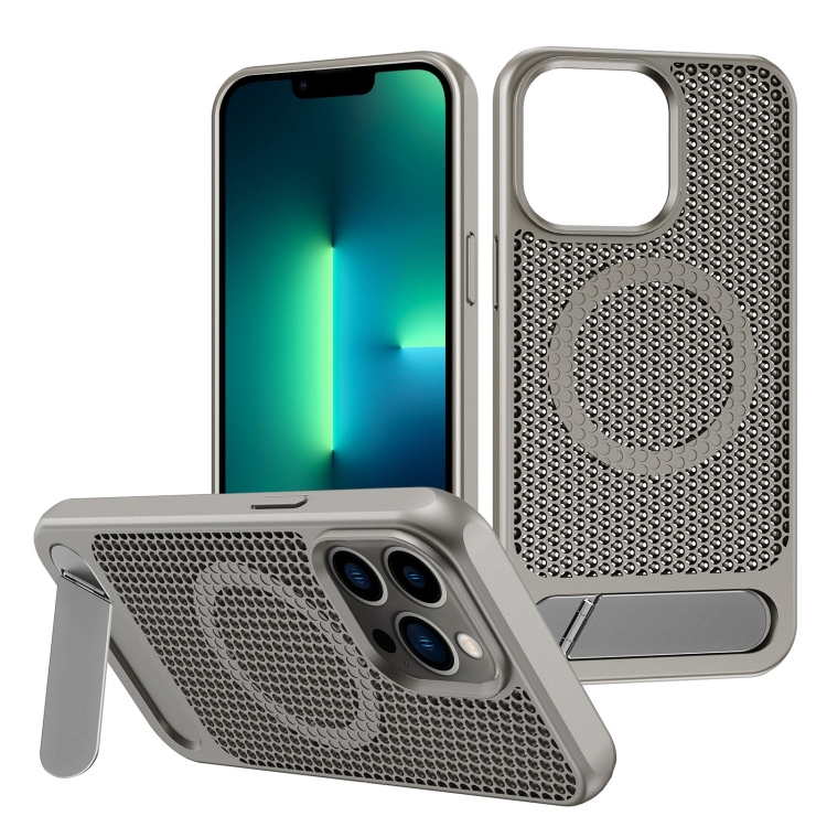 

For iPhone 13 Pro Max Honeycomb Cooling MagSafe Phone Case with Invisible Holder(Grey)
