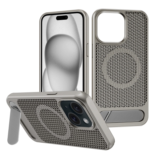 

For iPhone 15 Honeycomb Cooling MagSafe Phone Case with Invisible Holder(Grey)