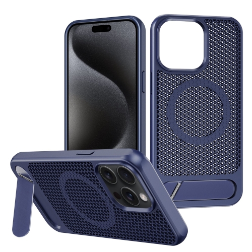 

For iPhone 15 Pro Honeycomb Cooling MagSafe Phone Case with Invisible Holder(Blue)