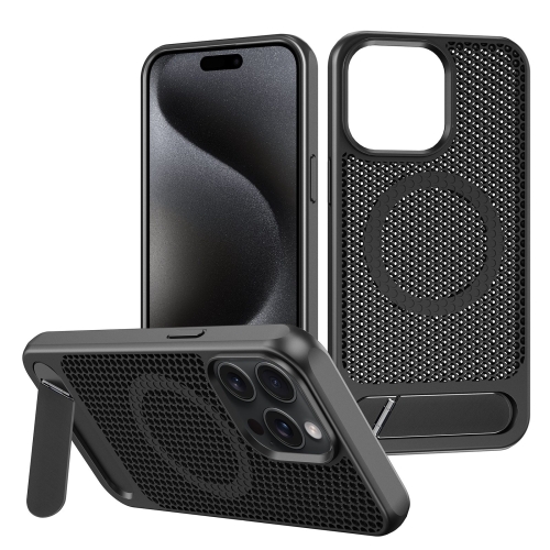 

For iPhone 15 Pro Max Honeycomb Cooling MagSafe Phone Case with Invisible Holder(Black)