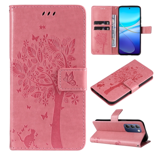 

For vivo V40 SE 5G / Y100 IDN Tree & Cat Embossed Pattern Flip Leather Phone Case(Pink)