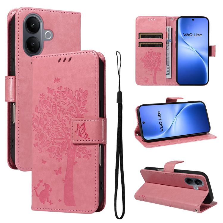

For vivo V60 Lite 4G Tree & Cat Embossed Pattern Flip Leather Phone Case(Pink)