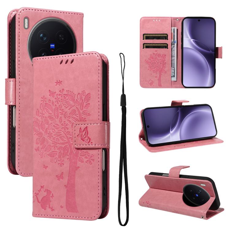 

For vivo X300 Pro Tree & Cat Embossed Pattern Flip Leather Phone Case(Pink)