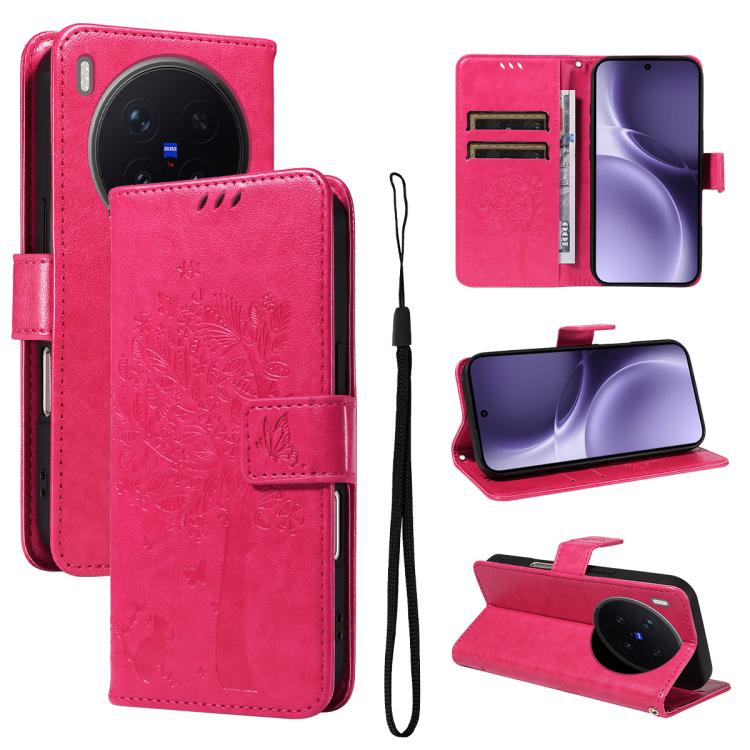 

For vivo X300 Pro Tree & Cat Embossed Pattern Flip Leather Phone Case(Rose Red)