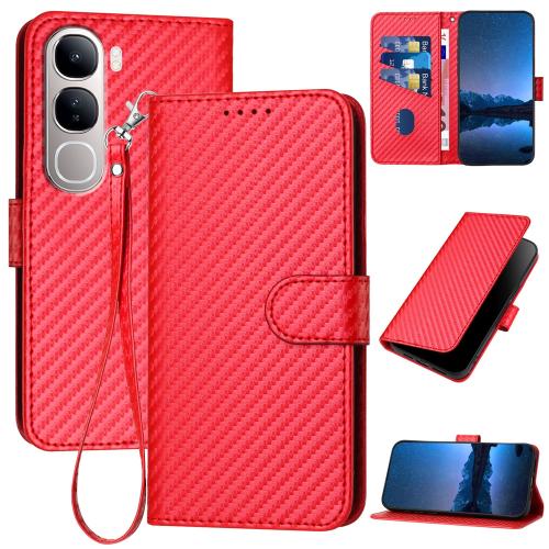 

For vivo Y300 / V40 Lite 4G / 5G IDN YX0070 Carbon Fiber Buckle Leather Phone Case with Lanyard(Red)