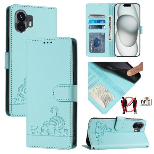For Nothing Phone 2A Cat Rat Embossed Pattern RFID Leather Phone Case with Lanyard(Mint Green)