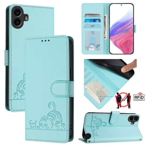 

For Nothing CMF Phone 1 Cat Rat Embossed Pattern RFID Leather Phone Case with Lanyard(Mint Green)