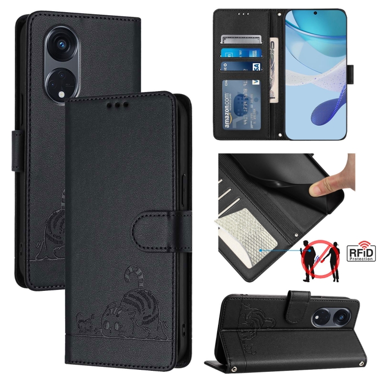 

For OPPO A1 Pro 5G / Reno8 T 5G Global Cat Rat Embossed Pattern RFID Leather Phone Case with Lanyard(Black)