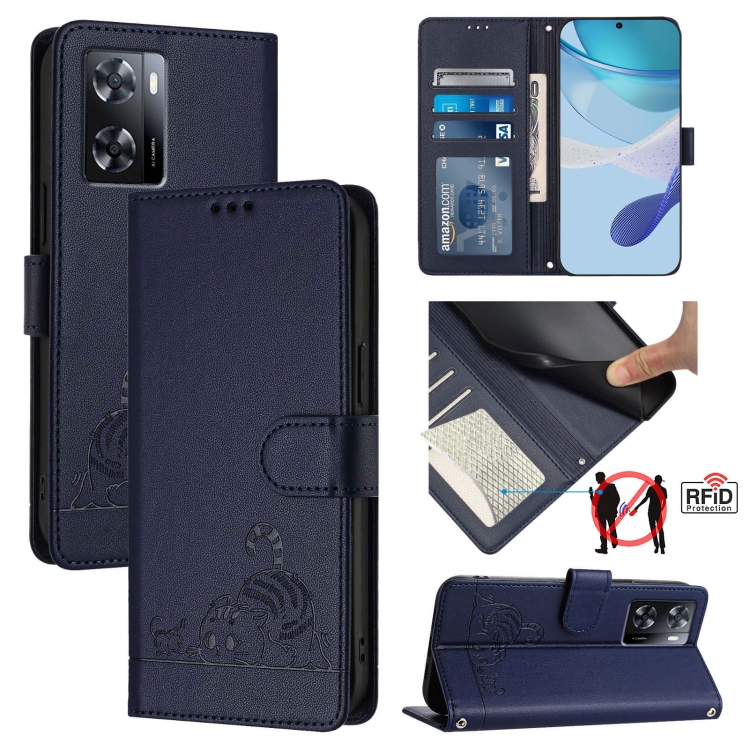 

For OPPO A77S 4G Cat Rat Embossed Pattern RFID Leather Phone Case with Lanyard(Blue)