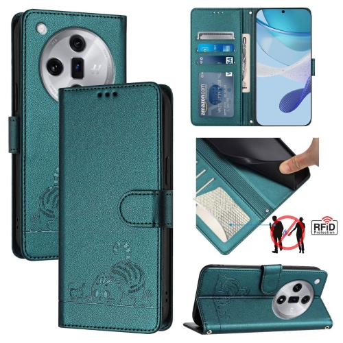 

For OPPO Find X7 Cat Rat Embossed Pattern RFID Leather Phone Case with Lanyard(Peacock Green)