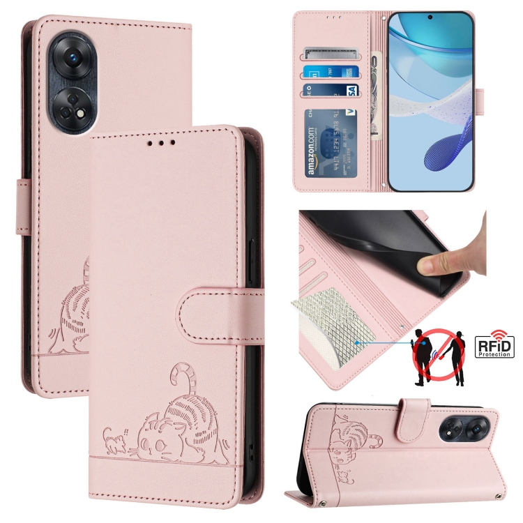 

For OPPO Reno8 T 4G Global Cat Rat Embossed Pattern RFID Leather Phone Case with Lanyard(Pink)