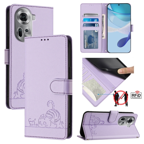 

For OPPO Reno11 5G Global Cat Rat Embossed Pattern RFID Leather Phone Case with Lanyard(Purple)