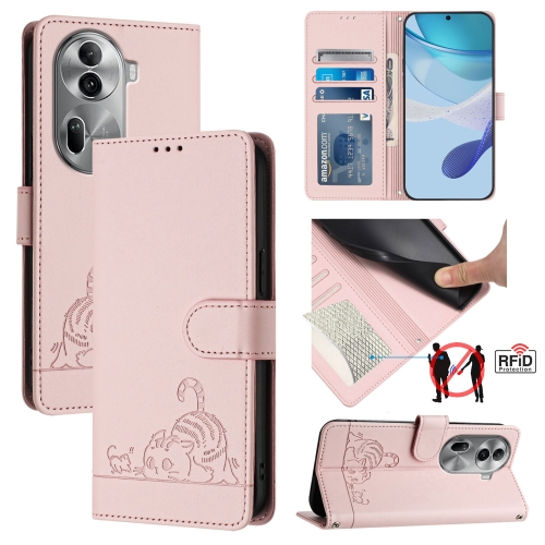 

For OPPO Reno11 Pro 5G Global Cat Rat Embossed Pattern RFID Leather Phone Case with Lanyard(Pink)