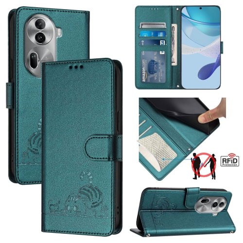 

For OPPO Reno11 Pro 5G Global Cat Rat Embossed Pattern RFID Leather Phone Case with Lanyard(Peacock Green)