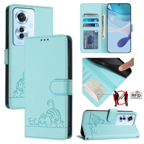 

For OPPO Reno11 F 5G Global Cat Rat Embossed Pattern RFID Leather Phone Case with Lanyard(Mint Green)