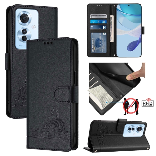 

For OPPO Reno11 F 5G Global Cat Rat Embossed Pattern RFID Leather Phone Case with Lanyard(Black)