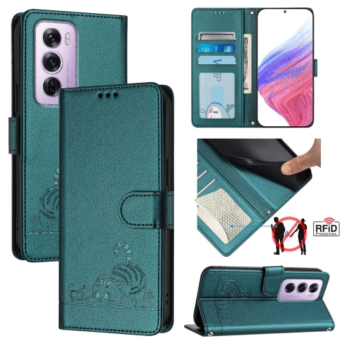 

For OPPO Reno12 Pro Global Cat Rat Embossed Pattern RFID Leather Phone Case with Lanyard(Peacock Green)