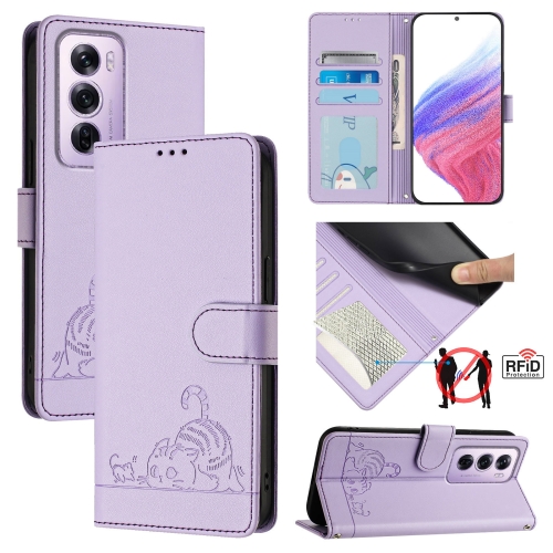 

For OPPO Reno12 Pro Global Cat Rat Embossed Pattern RFID Leather Phone Case with Lanyard(Purple)