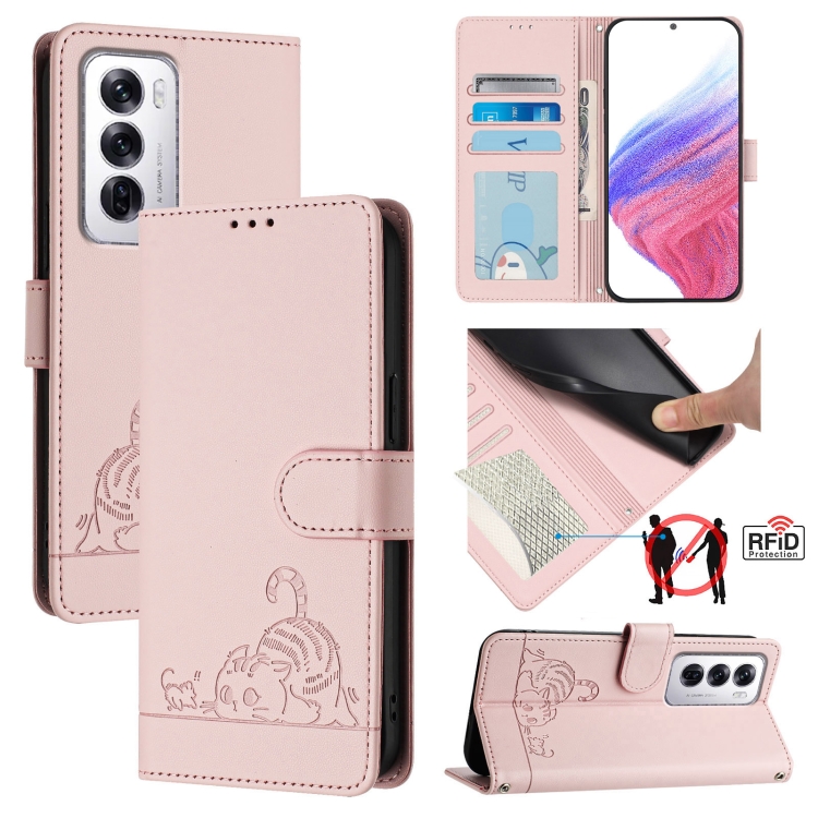 

For OPPO Reno12 Global Cat Rat Embossed Pattern RFID Leather Phone Case with Lanyard(Pink)
