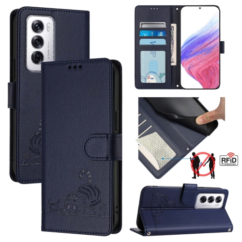 

For OPPO Reno12 Global Cat Rat Embossed Pattern RFID Leather Phone Case with Lanyard(Blue)