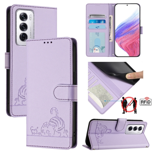 

For OPPO Reno12 Global Cat Rat Embossed Pattern RFID Leather Phone Case with Lanyard(Purple)