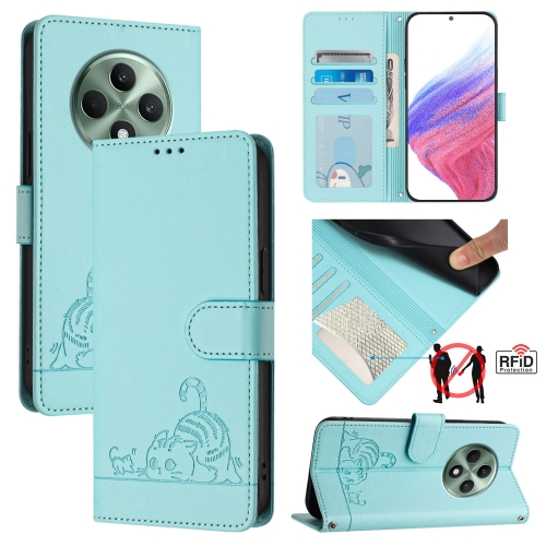 

For OPPO Reno12 F Global Cat Rat Embossed Pattern RFID Leather Phone Case with Lanyard(Mint Green)