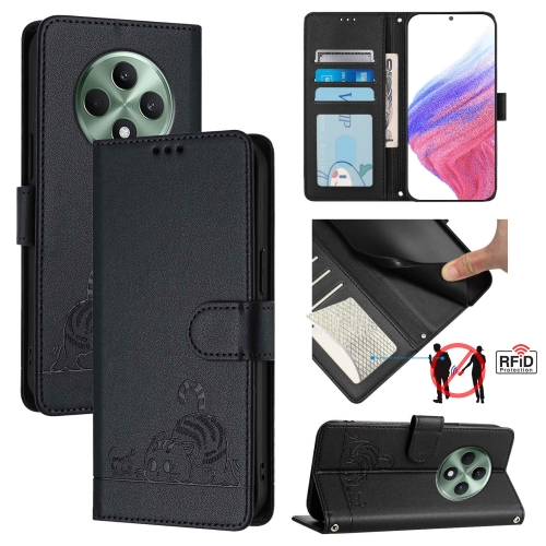 

For OPPO Reno12 F Global Cat Rat Embossed Pattern RFID Leather Phone Case with Lanyard(Black)