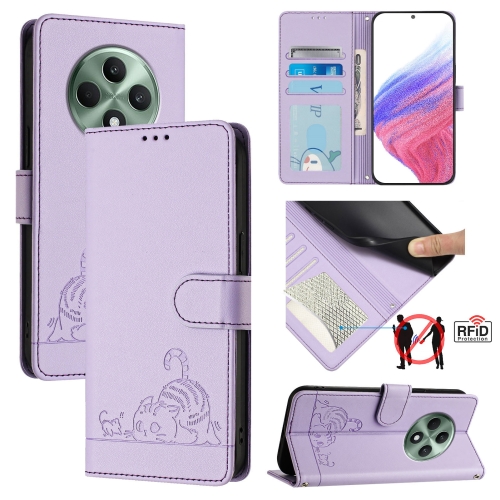 

For OPPO Reno12 F Global Cat Rat Embossed Pattern RFID Leather Phone Case with Lanyard(Purple)