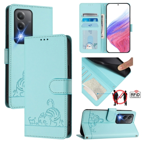 

For OPPO A80 5G EU Cat Rat Embossed Pattern RFID Leather Phone Case with Lanyard(Mint Green)