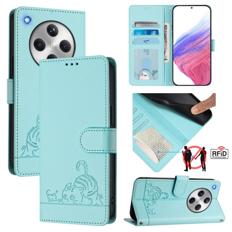

For OPPO Find X8 Cat Rat Embossed Pattern RFID Leather Phone Case with Lanyard(Mint Green)