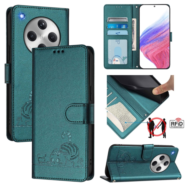 

For OPPO Find X8 Cat Rat Embossed Pattern RFID Leather Phone Case with Lanyard(Peacock Green)
