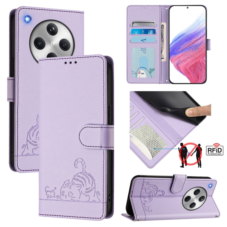 

For OPPO Find X8 Cat Rat Embossed Pattern RFID Leather Phone Case with Lanyard(Purple)