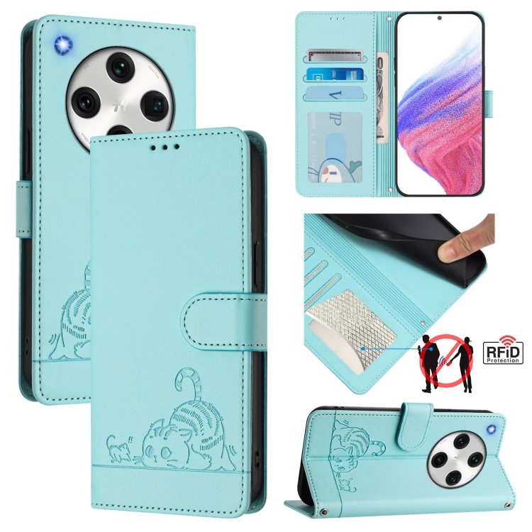

For OPPO Find X8 Pro Cat Rat Embossed Pattern RFID Leather Phone Case with Lanyard(Mint Green)