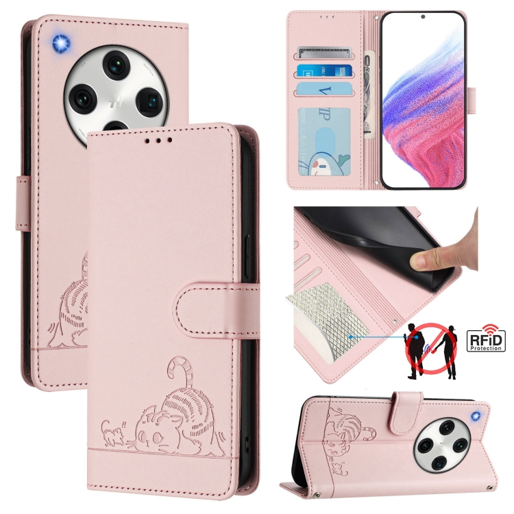 

For OPPO Find X8 Pro Cat Rat Embossed Pattern RFID Leather Phone Case with Lanyard(Pink)