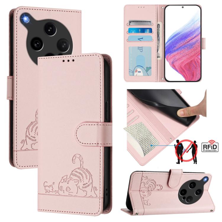 

For OPPO Find X8 Ultra Cat Rat Embossed Pattern RFID Leather Phone Case with Lanyard(Pink)