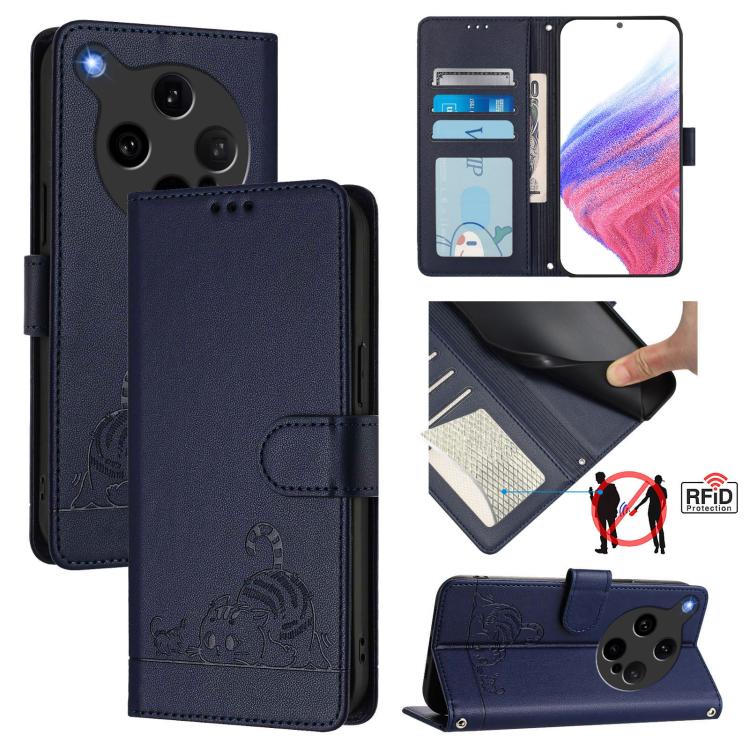 

For OPPO Find X8 Ultra Cat Rat Embossed Pattern RFID Leather Phone Case with Lanyard(Blue)