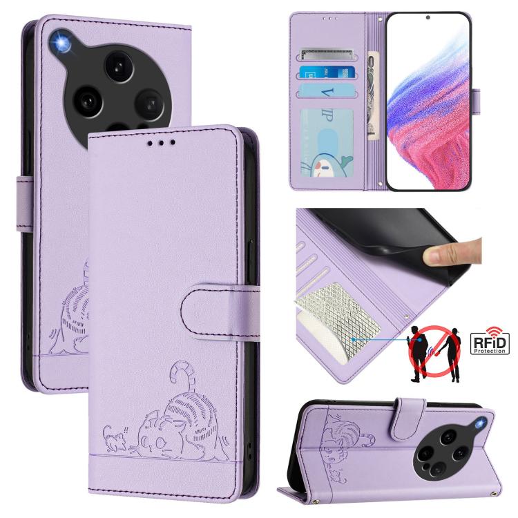 

For OPPO Find X8 Ultra Cat Rat Embossed Pattern RFID Leather Phone Case with Lanyard(Purple)