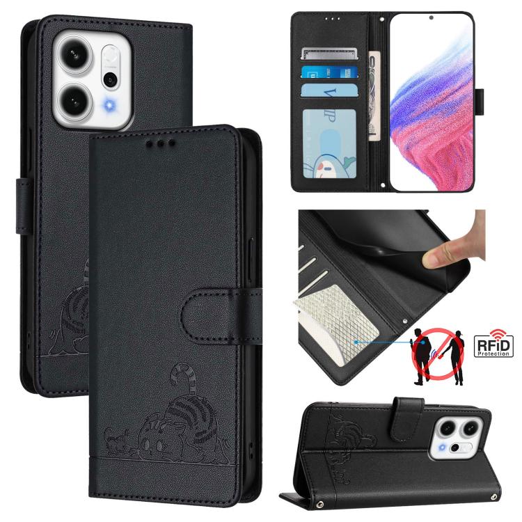 

For OPPO Reno14 Pro 5G Global Cat Rat Embossed Pattern RFID Leather Phone Case with Lanyard(Black)