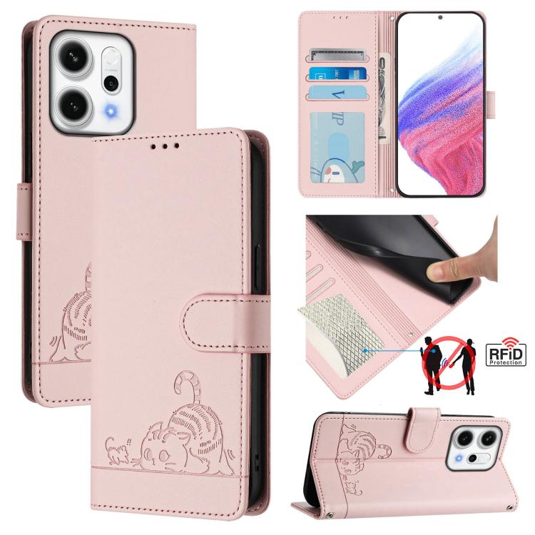 

For OPPO Reno14 5G Global Cat Rat Embossed Pattern RFID Leather Phone Case with Lanyard(Pink)