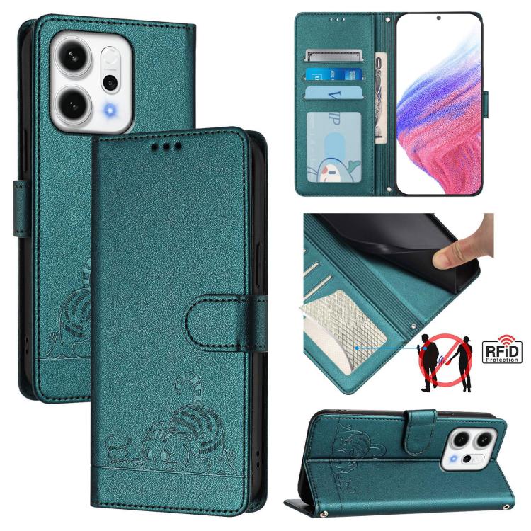 

For OPPO Reno14 5G Global Cat Rat Embossed Pattern RFID Leather Phone Case with Lanyard(Peacock Green)