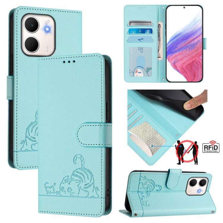 

For OPPO A5x 4G Global / 5G Global Cat Rat Embossed Pattern RFID Leather Phone Case with Lanyard(Mint Green)