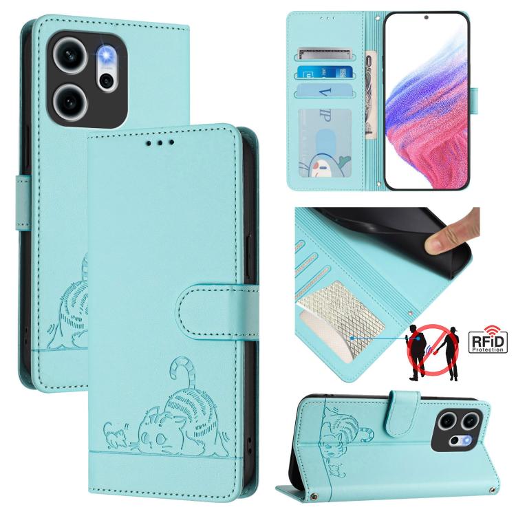 

For OPPO Reno14 F 5G Cat Rat Embossed Pattern RFID Leather Phone Case with Lanyard(Mint Green)