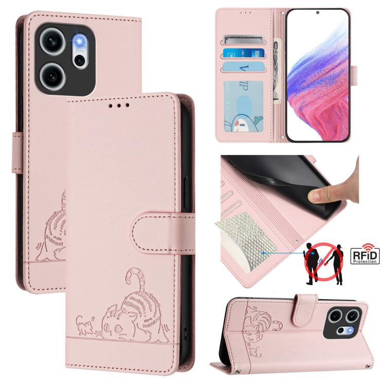

For OPPO Reno14 F 5G Cat Rat Embossed Pattern RFID Leather Phone Case with Lanyard(Pink)