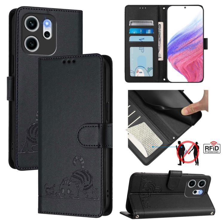 

For OPPO Reno14 F 5G Cat Rat Embossed Pattern RFID Leather Phone Case with Lanyard(Black)