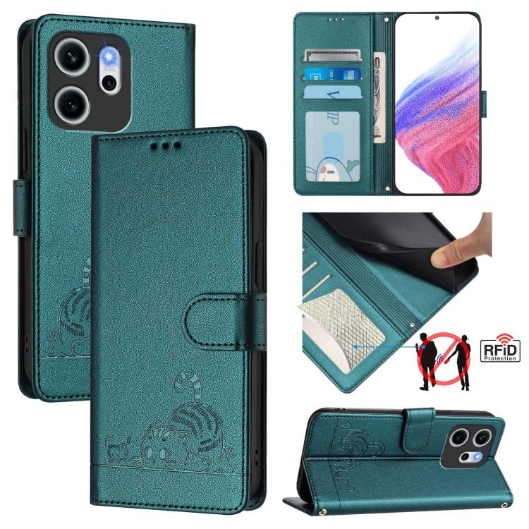 

For OPPO Reno14 F 5G Cat Rat Embossed Pattern RFID Leather Phone Case with Lanyard(Peacock Green)